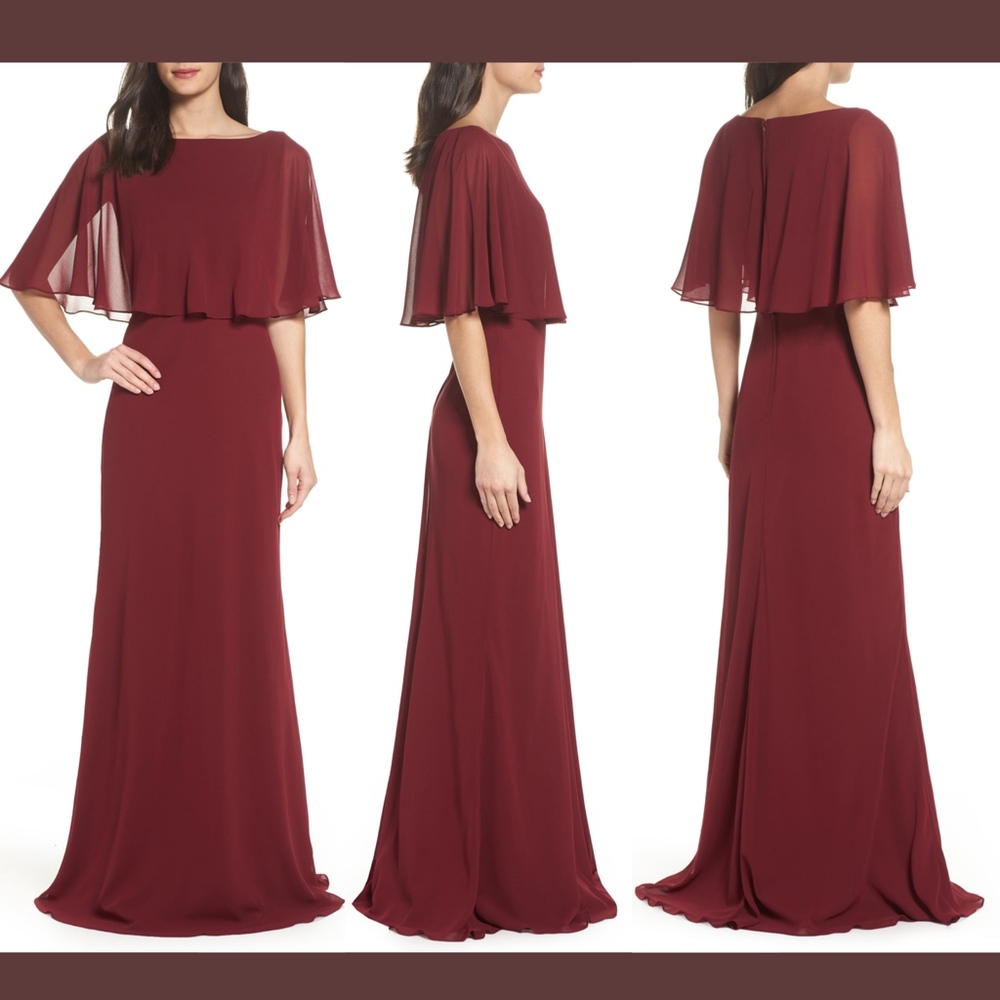 NWD $318 La Femme Popover‎ Chiffon Gown in Garnet Red [SZ 10 ] #F498